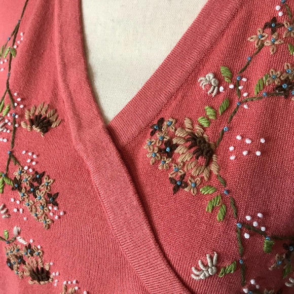 Parisian Signature Orange Faux Wrap Sweater with Embroidered Flowers, Size PXL - Picture 2 of 5